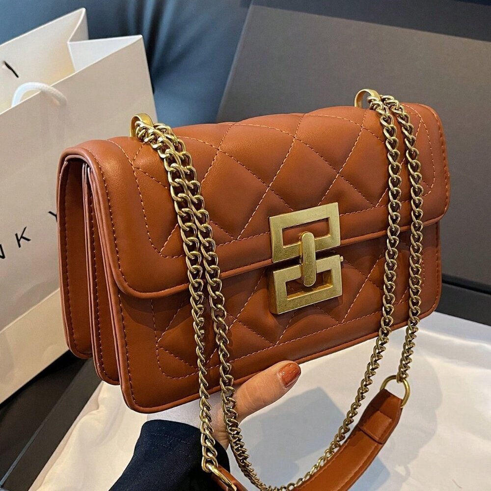 Brown Elegant Women's Square Crossbody Bag With Chain Strap - Picture 3 of 7
